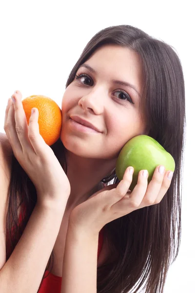 stock image Young woman with fruit - apple and orange. Isolated