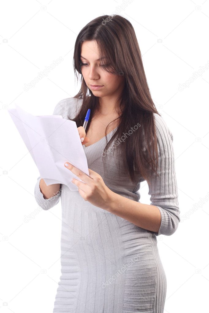 Young woman hold pages of paper. Office worker, isolated