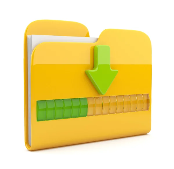 Yellow folder 3D icon. Date downloading concept. Isolated on whi — Stock Photo, Image