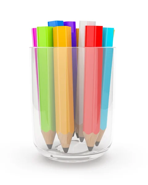 Cam kadeh içinde birçok renkli kalemler. Beyaz bac izole 3d — Stok fotoğraf