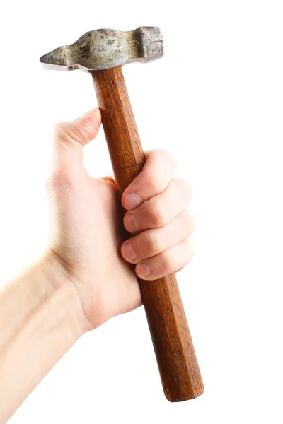 Hand hold old hammer. Isolated on black background — Stock Photo, Image