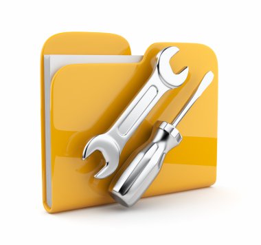 Yellow folder with wrench and screwdriver. Icon 3d . Computer se clipart