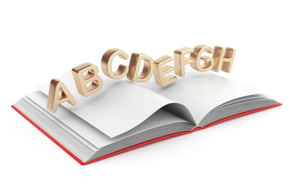 Gold symbols of alphabet on book 3D. School concept. Isolated — Stock Photo, Image