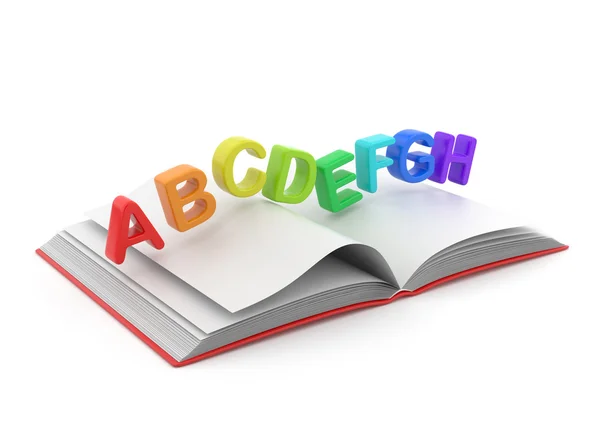 Símbolos coloridos del alfabeto en el libro 3D. Concepto educativo. Iso. — Foto de Stock