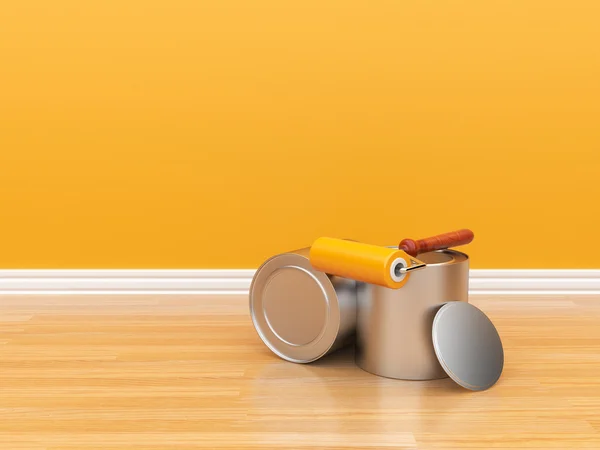 Schilderij van een lege oranje muur. renovatie huis. 3D illustrat — Stockfoto