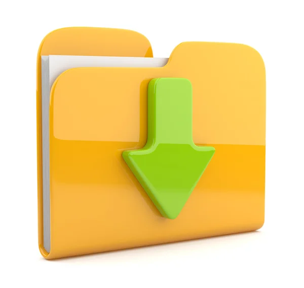 Yellow folder and arrow. 3D icon. Date download. Isolated on whi — Stock Photo, Image