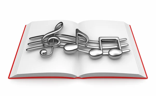 Nota musicale sul libro aperto 3D. Isolato su sfondo bianco — Foto Stock