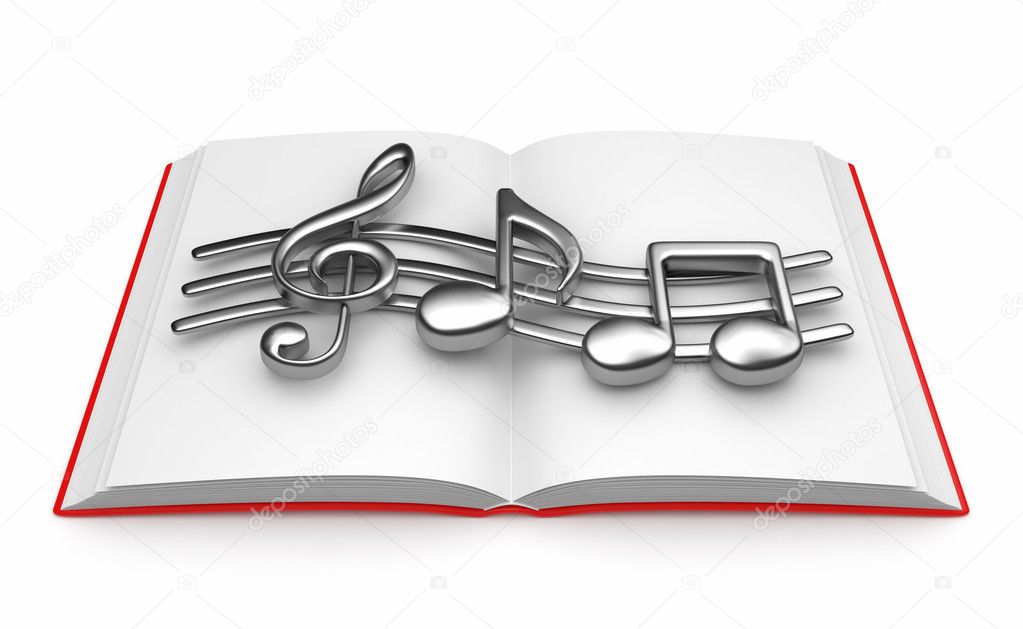 Musical note on opened book 3D. Isolated on white background