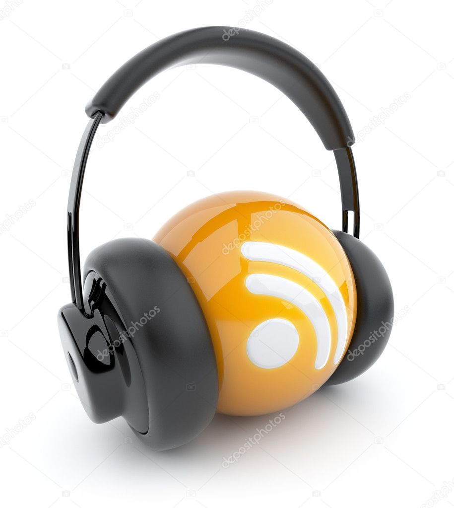 Feed or Rss icon 3D. Blog. Sphere witch audio headphones. Isolat