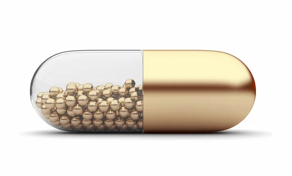 Kulta lääketieteellinen pilleri 3D. Vitamiineja. Eristetty valkoisella pohjalla — kuvapankkivalokuva
