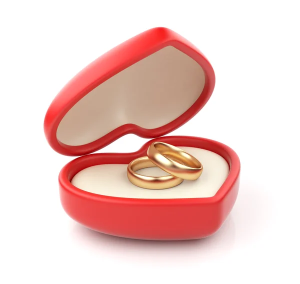 Χρυσά γαμήλια δαχτυλίδια, ημέρα του Αγίου Βαλεντίνου κουτί 3d. απομονώνονται σε λευκό έκφραση — Φωτογραφία Αρχείου