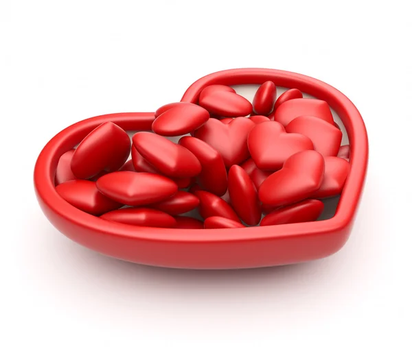 Corazones rojos en caja de San Valentín 3D. Concepto de amor. Aislado sobre blanco — Foto de Stock