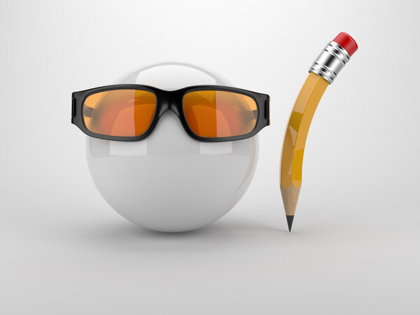 Sphere witch glass and pen. Creative concept 3D. On gray backgro