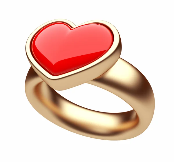 Altın yüzük 3d kırmızı kalp. aşk kavramı. Beyaz bac izole — Stok fotoğraf