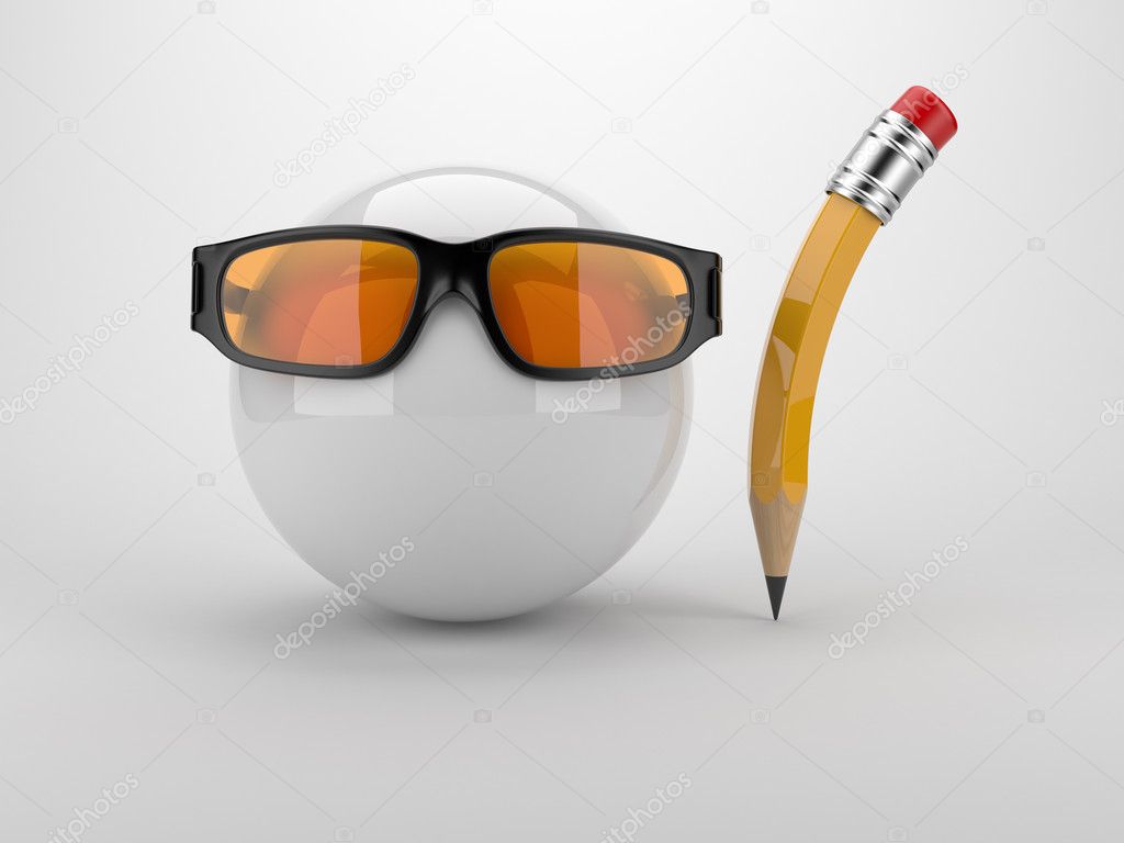 Sphere witch glass and pen. Creative concept 3D. On gray backgro