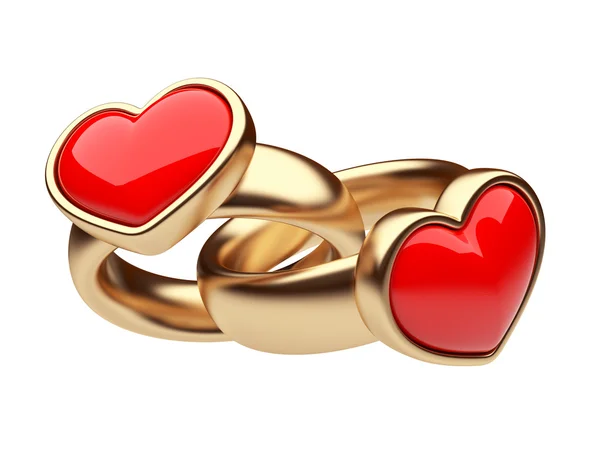Ouro dois anéis com coração vermelho 3D. Conceito de amor. Isolado em branco — Fotografia de Stock