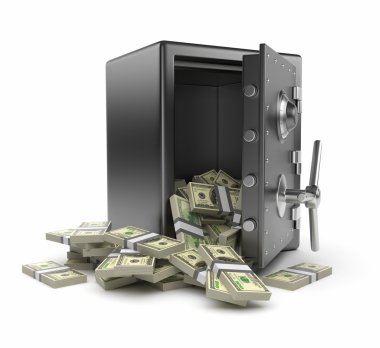 Steel safe box and money 3D. Protection of finance concept. Isol clipart
