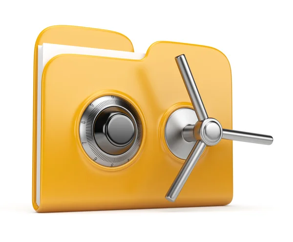 Έννοια της ασφάλειας δεδομένων. κίτρινο φάκελο και κλειδαριά. 3D που απομονώνονται σε wh — Φωτογραφία Αρχείου