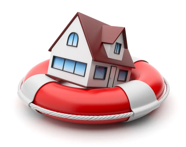 House in lifebuoy. Property insurance concept. Isolated on white — Stock Photo, Image