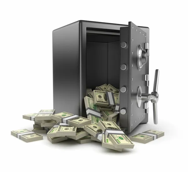Cassetta di sicurezza in acciaio e denaro 3D. Protezione del concetto di finanza. Isol Fotografia Stock
