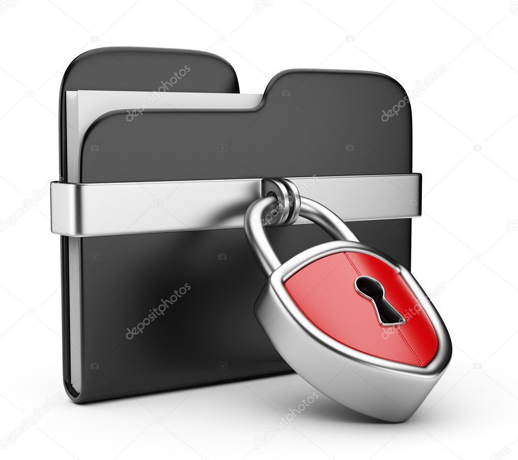 Data security concept. Black folder and lock. 3D isolated on whi