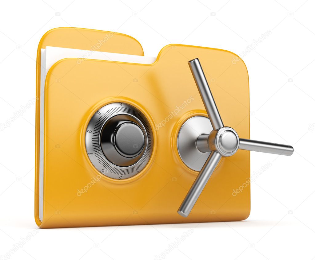 Data security concept. Yellow folder and lock. 3D isolated on wh