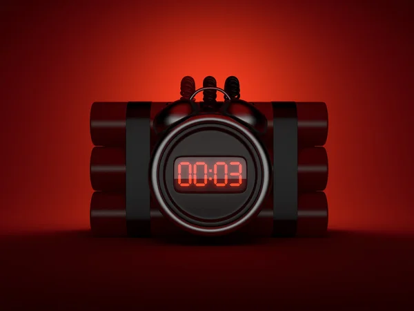 Bomba con temporizador de reloj 3D. Cuenta atrás. Sobre fondo rojo — Foto de Stock