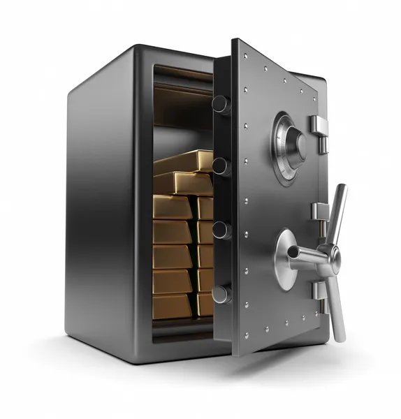 Caja de seguridad de acero y oro 3D. Concepto de protección. Aislado en el blanco — Foto de Stock