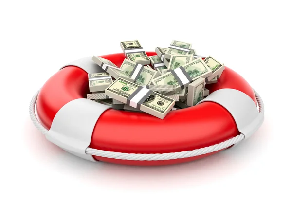 Dollars in lifebuoy 3D. Rescue of the money. Isolated on white — Stock Photo, Image