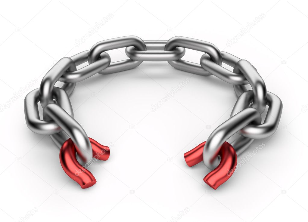 Breaking chain. Weak link concept. 3D illustration isolated on w