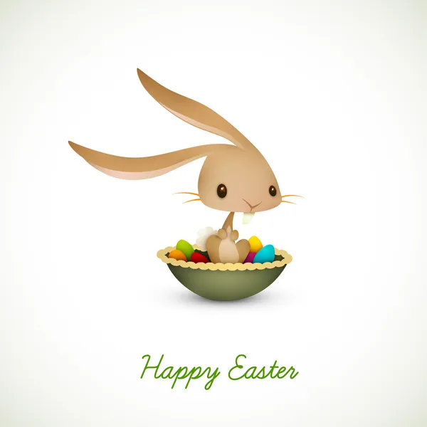 Coniglietto di Pasqua seduto in una ciotola piena di uova colorate — Vettoriale Stock