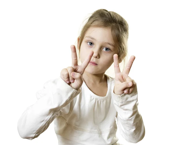Girl shows two fingers — Stock Photo, Image