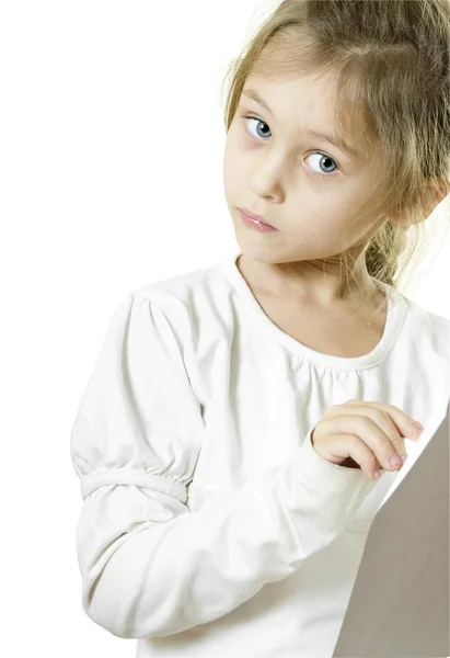 Cute little girl points — Stock Photo, Image