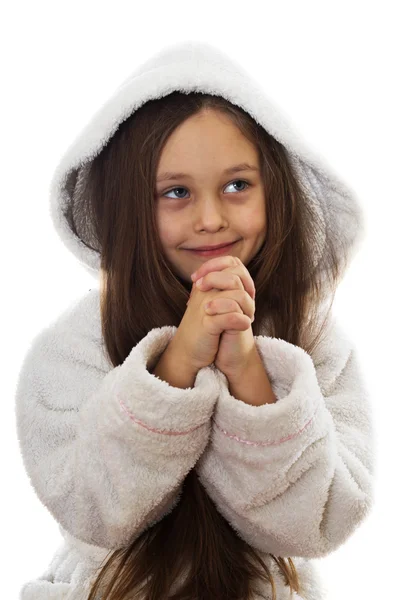 Girl stands with folded hands — Stock Photo, Image