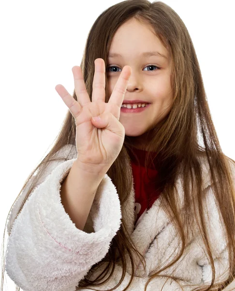 Menina mostra quatro dedos — Fotografia de Stock