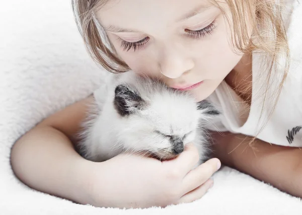 女の子と子猫 ストック画像