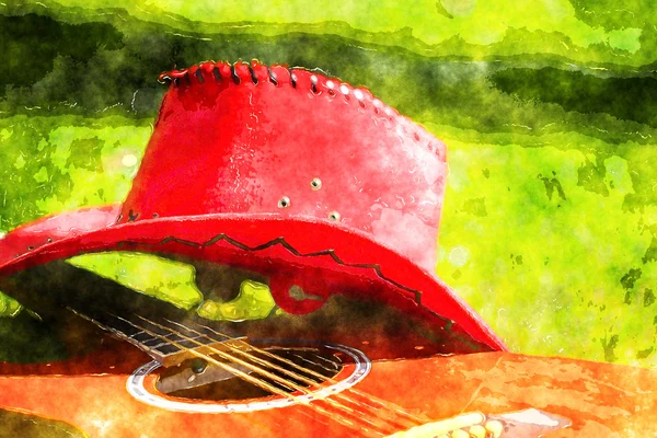 Гитара и красная шляпа — стоковое фото