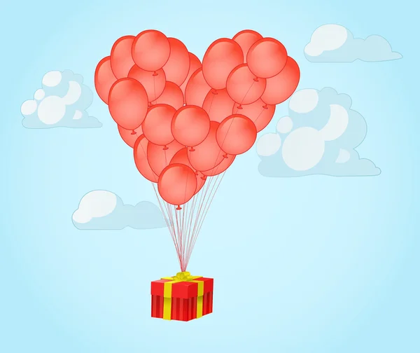 stock vector Balloons in shape of a heart with gift box