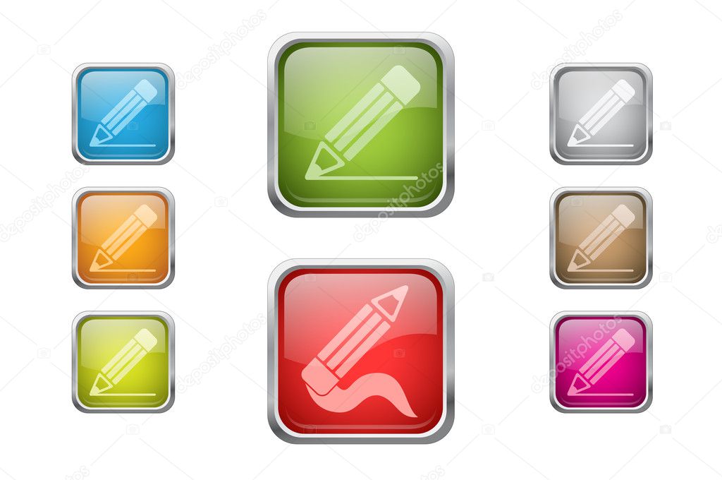 Set of vector multicolored glossy rounded square buttons with pencil sign i