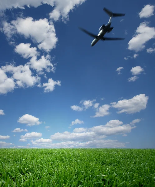 Yeşil çimenlerin üzerinde mavi gökyüzünde uçan uçak — Stok fotoğraf