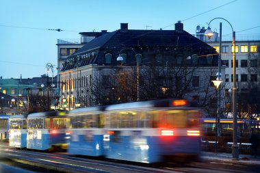 Gothenburg at night. Some trams and in motion