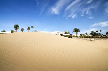 Desert dunes hotel in sunset.