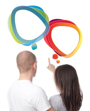 Isolated couple discussing with speech bubbles clipart
