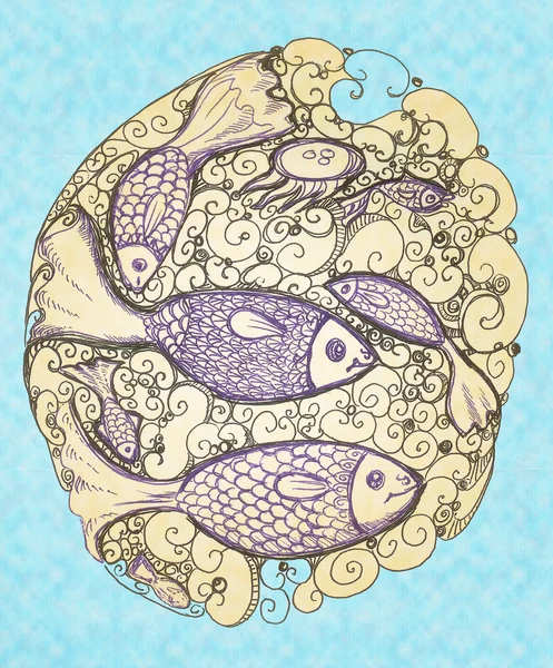 Ryby a medúzy - dekorativní obrázek — Stock fotografie