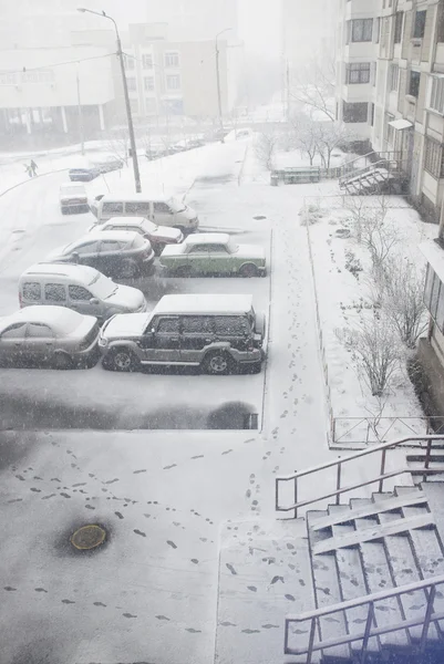 Вид на город во время снегопада Лицензионные Стоковые Изображения