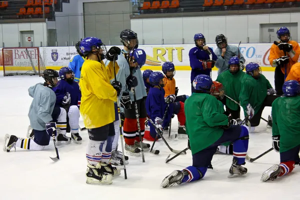Das Eishockeyteam hört den Anweisungen des Trainers zu — Stockfoto