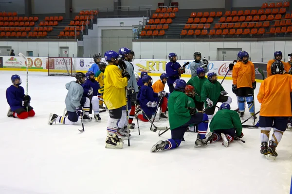 L'équipe de hockey à l'écoute des indications de l'entraîneur — Photo