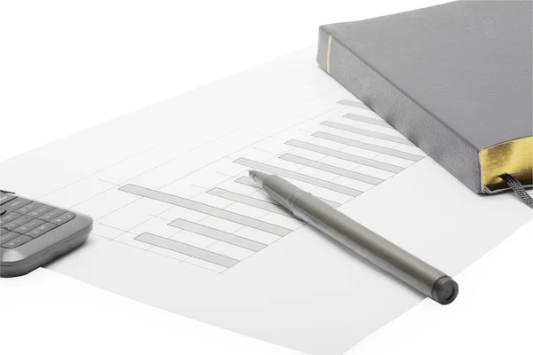 A pen, mobile phone, notebook and financial statement — Stock Photo, Image