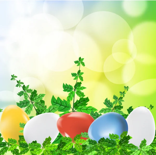 Colored easter eggs on green background with grass — Stock Vector