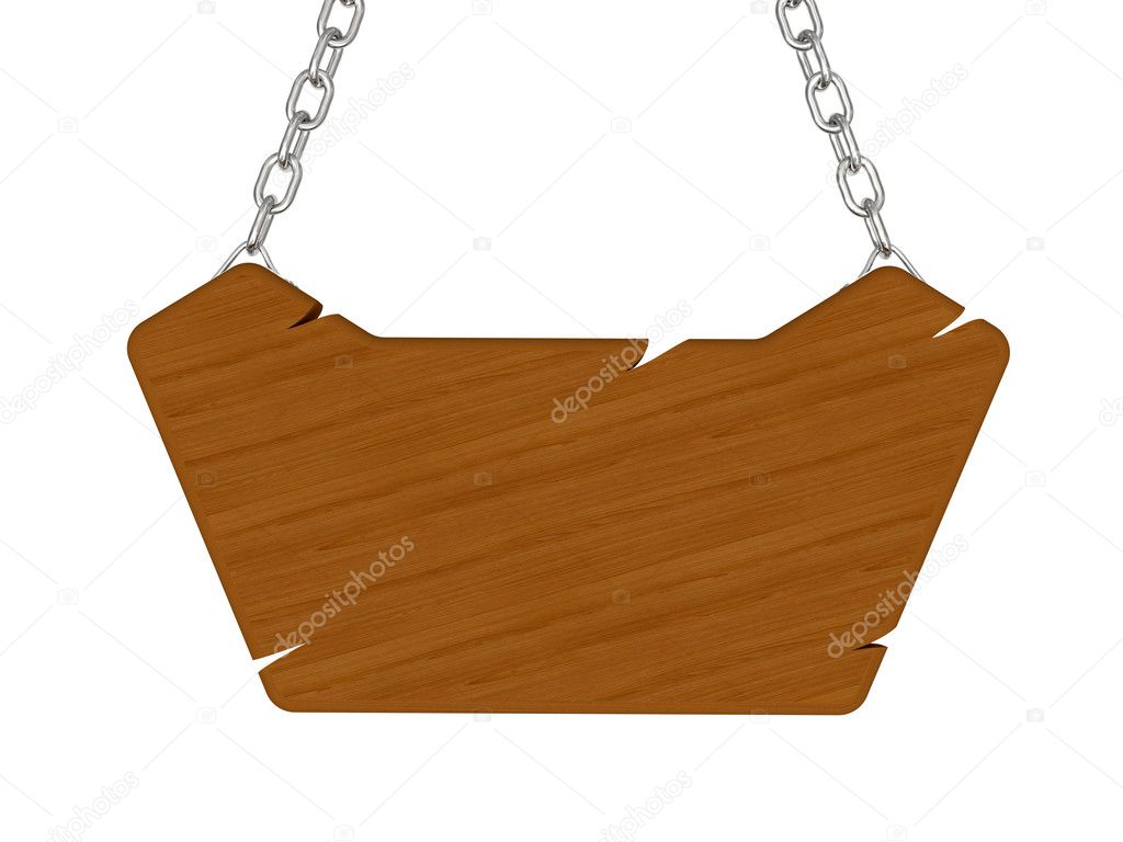 Crashed wooden signboard with chain isolated on white